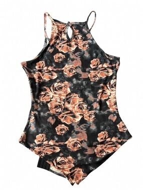 Floral Halter Romper in Black and Copper Rose